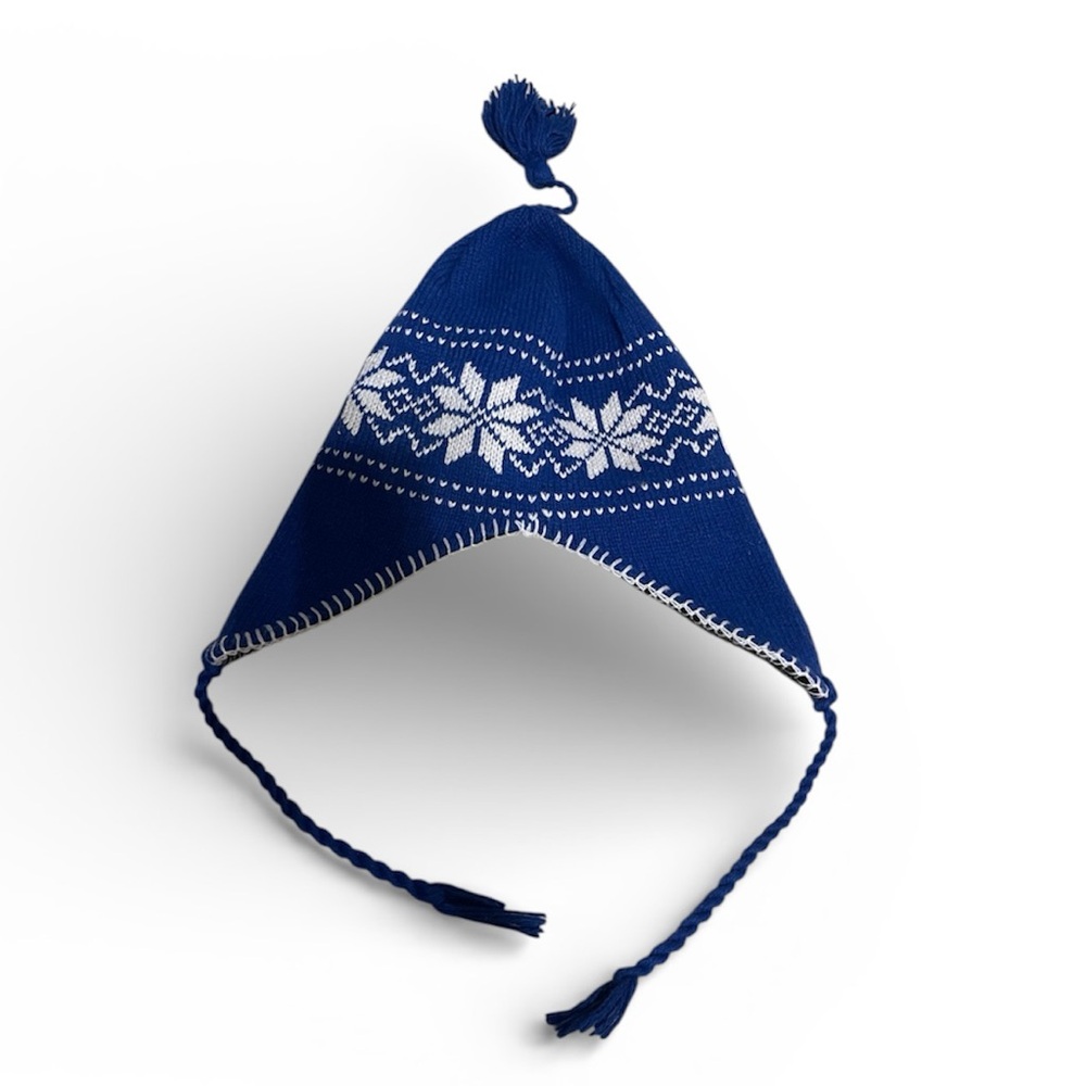 Blue Knit Winter Hat with Snowflake Pattern